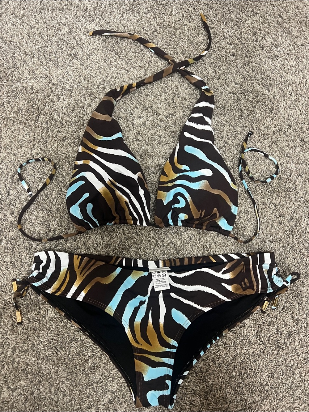 VINTAGE OndadeMar Luxury Zebra Print Bikini Set - Teal/Brown/Gold - Size L
